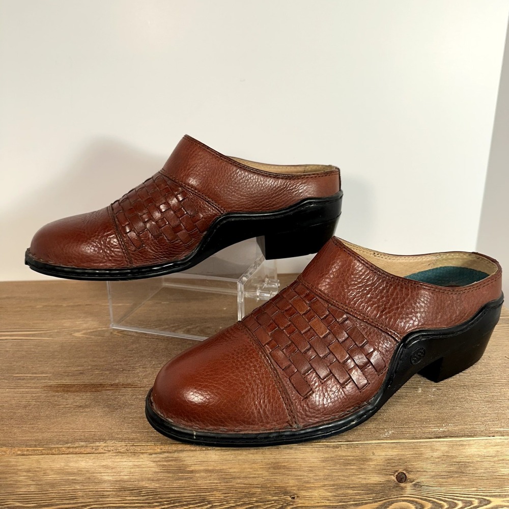 VTG Double H Basketweave Leather Mules Women 10 Western Handmade Slip On Cowgirl